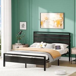 Karl Home Bed Frame with LED Light and Charging Station, Metal Platform Bed with Wood Headboard, No Box Spring Needed - 1 of 4