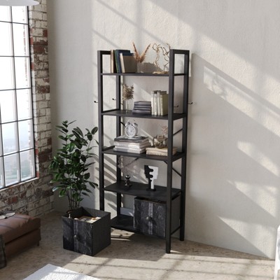 Aoxun 5-Tier Bookshelf with 2 Storage Drawers, Industrial Display Standing Shelf with Metal Frame, Black