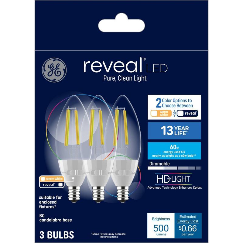 GE 3pk 5.5W Color Select Warm White or Reveal Candelabra Base Reveal LED Decorative Light Bulbs, 5 of 7