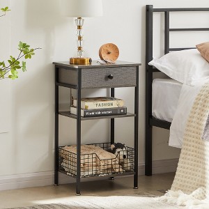 VECELO Tall Side End Table, Nightstand Shelf Storage Organizer with Pull-Out Metal Basket for Living Room or Bedroom, Gray/Brown - 1 of 4