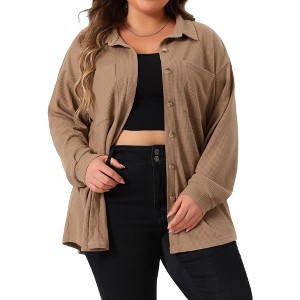 Agnes Orinda Women's Plus Size Waffle Knit Shacket Pocket Loose Long Sleeve Button Down Shirts - 1 of 4