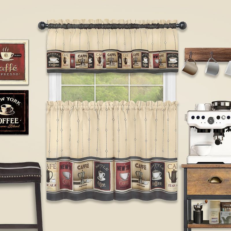 Kate Aurora Complete 3 Piece Seattle Coffee Shoppe Retro Cafe Rod Pocket Kitchen Curtain Tier & Valance Set, 4 of 7