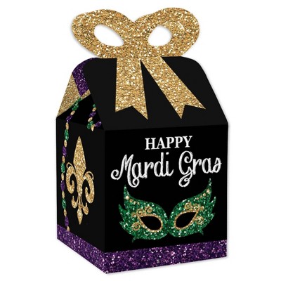 Big Dot of Happiness Mardi Gras - Square Favor Gift Boxes - Masquerade Party Bow Boxes - Set of 12