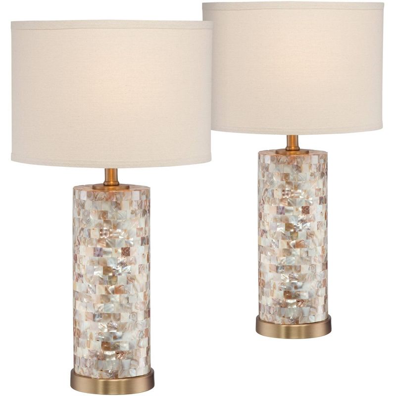 360 Lighting Coastal Accent Table Lamps 23" High Set of 2 Mother of Pearl Tiles Cylinder Cream Linen Drum Shade for Living Room Bedroom, 1 of 7