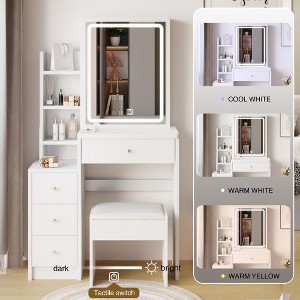 29.2" Small Size Left Bedside Cabinet Vanity Table + Cushioned Stool, Large Sliding, Touch Control, Tri-color Switching, Brightness Adjust LED Mirror - 1 of 4