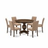 HomeStock 7 Piece Dining Room Table Set, Wooden Dining Table and 6 Light Sable Linen Fabric Kitchen Chairs with High Back - Distressed Jacobean Finish - 3 of 4