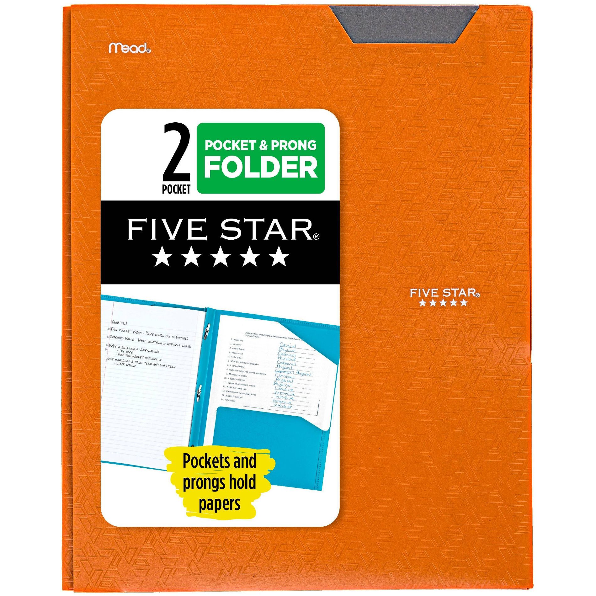Five Star 2 Pocket Plastic Folder with Prongs Orange