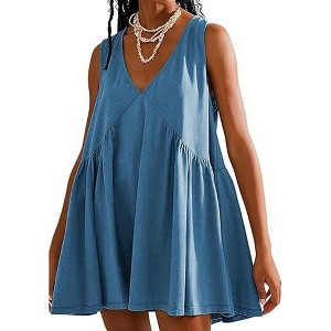 Coolmee Women Summer Mini Dress V Neck Sleeveless Loose Summer Pleated Swing Flowy Short Sundress L blue - 1 of 4
