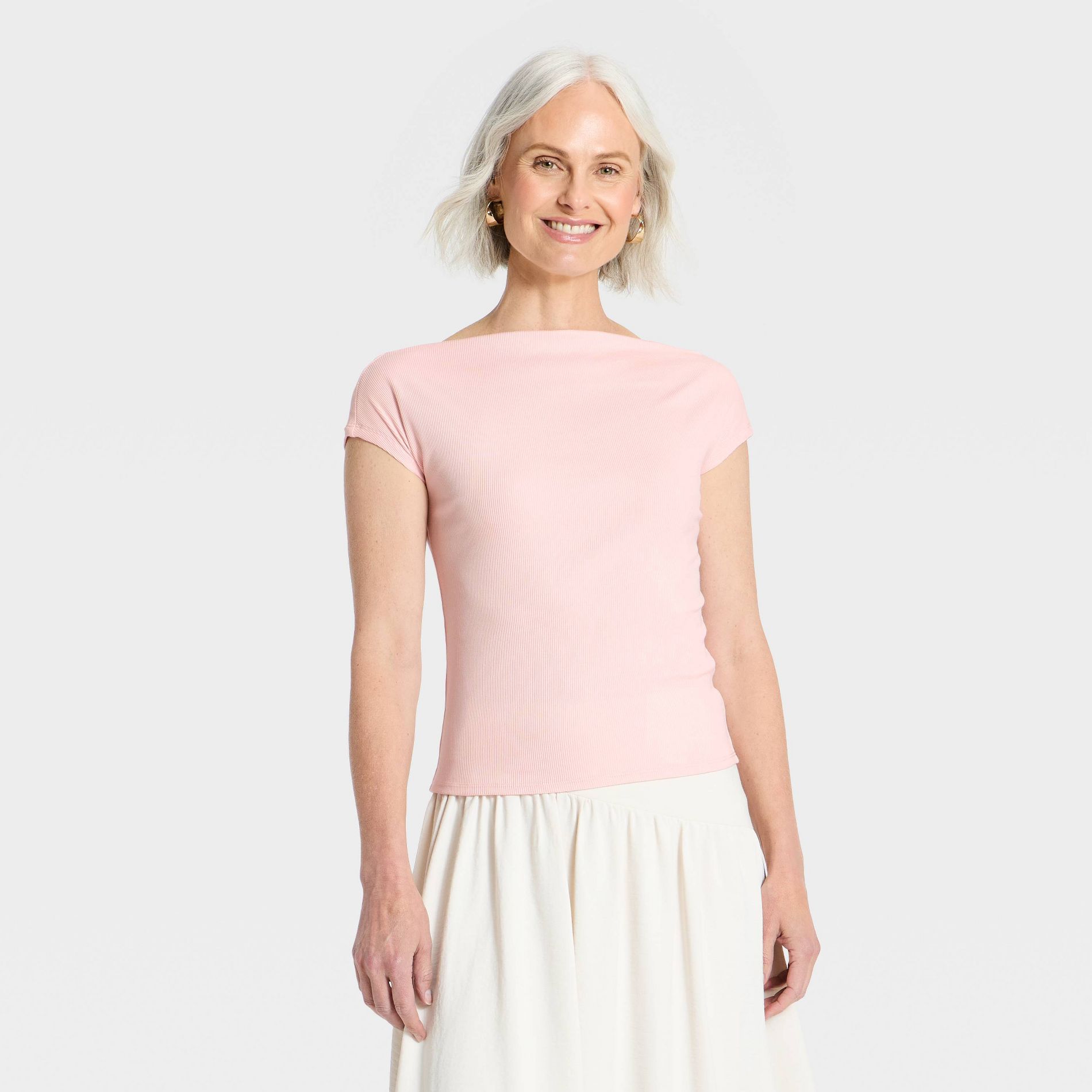 Women's Cap Sleeve Boat Neck T-Shirt - A New Day™ Pink L