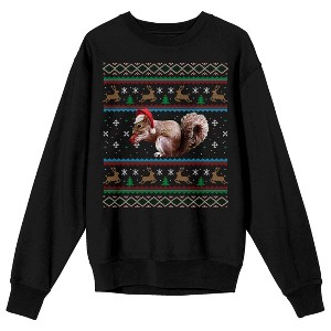 Fair Isle Santa Squirrel Adult Black Crew Neck Sweatshirt - 1 of 3