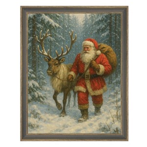 Petal Lane 7"x9" Santa with Reindeer Gray Brown Skinny Framed Wall Art - 1 of 4