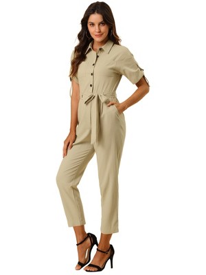 INSPIRE CHIC Women's Short Sleeve Collared Solid Color Button Down Tie Waist Cargo Jumpsuit