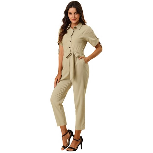 Allegra K Women's Short Sleeve Collared Cropped Coverall Button Down Tie  Waist Cotton Cargo Jumpsuit Khaki X-Small