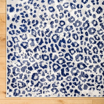 Alem Navy and White Synthetic Fur Leopard Print Area Rug