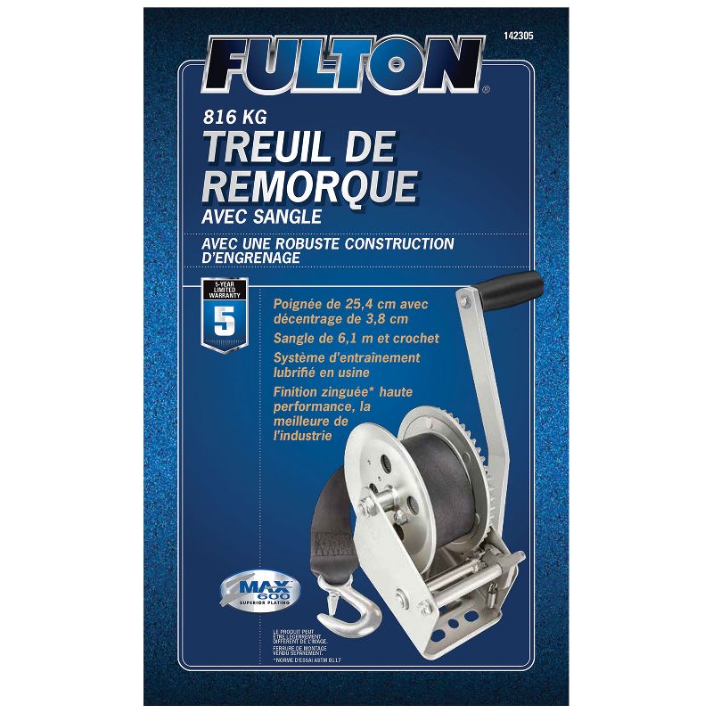 Fulton 142305 Universal Single Speed Towing Winch with 20 Feet Strap and Hook, Comfortable Grip Handle, 1800 Pound Capacity, 4 of 7