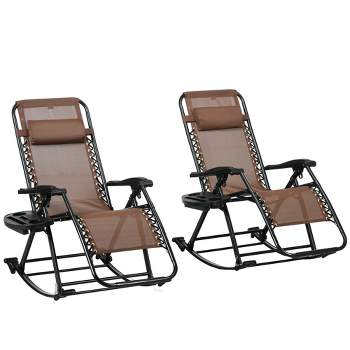 Outsunny 2 Outdoor Rocking Chairs Foldable Reclining Zero Gravity Lounge Rockers w/ Pillow Cup & Phone Holder, Combo Design w/ Folding Legs, Brown