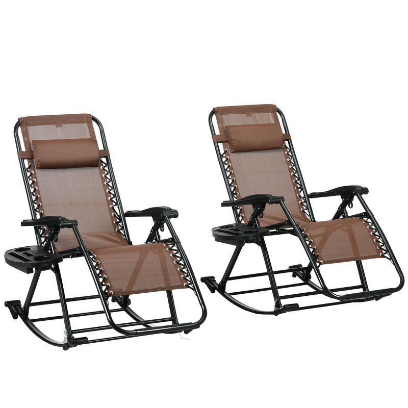 Outsunny 2 Outdoor Rocking Chairs Foldable Reclining Zero Gravity Lounge Rockers w/ Pillow Cup & Phone Holder, Combo Design w/ Folding Legs, Brown, 1 of 7
