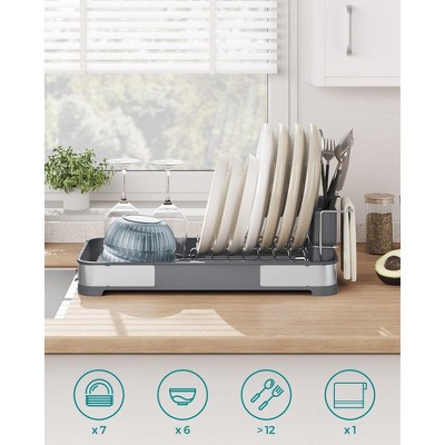 Compact Silver and Black Foldable Metal Dish Drying Rack with Utensil Cup