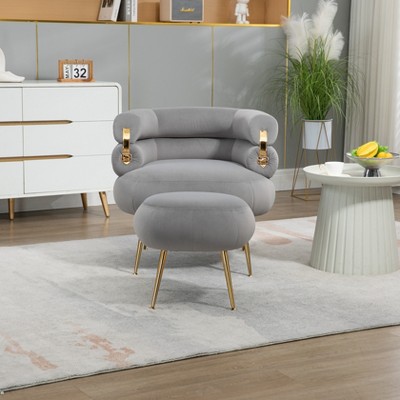 29 inch Upholstered Velvet Barrel Accent Chair with Ottoman,Accent Comfy Lounge Arm Chair and Footrest Stool