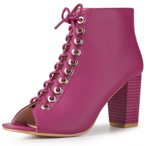 Perphy Women s Peep Toe Lace Up Chunky Heel Ankle Boots Hot Pink