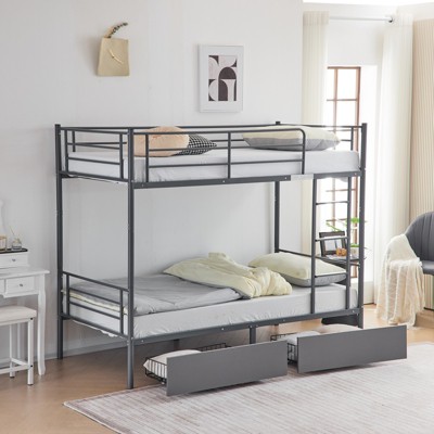 KTMBDW Twin Over Twin Convertible Bunk Bed with 2 Storage Drawers, Metal Bunk Bed Can be Divided Into Two Daybeds, Gray