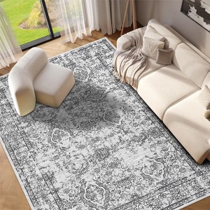 Washable Area Rug Large - Non Slip Stain Resistant Ultra Thin Foldable Distressed Vintage Floral Carpet for Living Room Nursery Home - 1 of 4