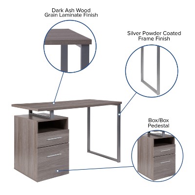 Light Ash Wood Computer Desk with Drawer and Silver Frame