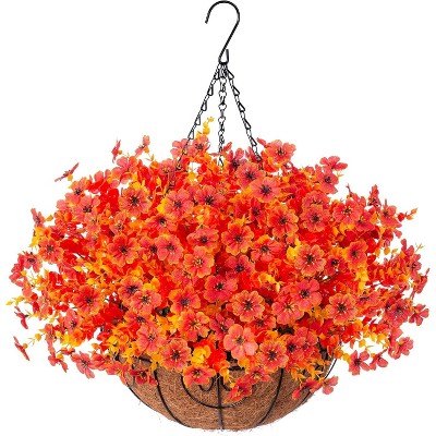 Artificial Faux Hanging Plants Flowers Basket for autumn Outdoor Outside Decoration, Fake Silk UV Sun Resistant Look Real Colorful Daisy Eucalyptus