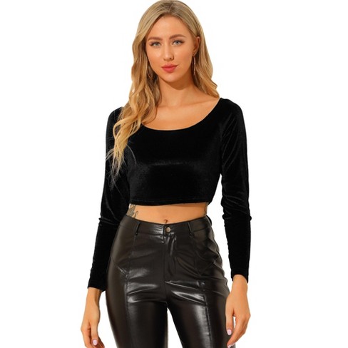 Basic Solid Stretchable Scoop Neck Long Sleeve Crop Top Black XS at   Women's Clothing store