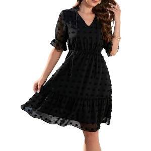 WhizMax Women's Swiss Dot Short Sleeve V Neck High Waist Casual Dress Lightweight Ruffle Solid Summer Mini Dress - 1 of 4