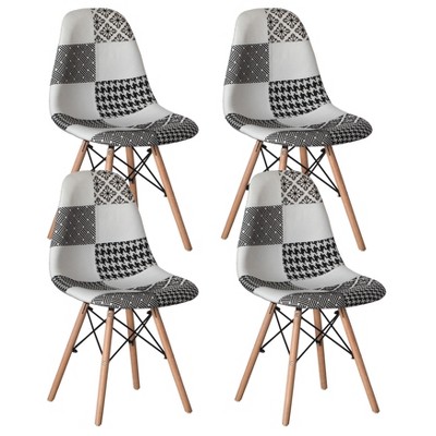 Fabulaxe Modern Fabric Patchwork Chair with Wooden Legs for Kitchen, Dining Room, Entryway, Living Room with Black & White Patterns