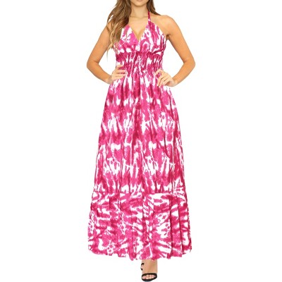 LA LEELA Women's House Daily Routine Evening Wear Holiday Halter Neck Tube Top Maxi Evening Frill Dress for Women Small-Medium Pink, Tie Dye Design