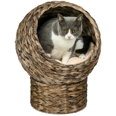 Munora 20" Natural Braided Elevated Cat Bed, Cat Basket Kitten House with Cushion, Dark Brown