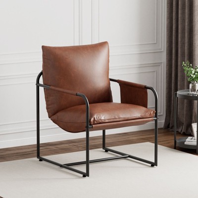 Hommpa Mid-century Accent Chair Ergonomic Leather Armchair with Side Pockets & Steel Frame Brown