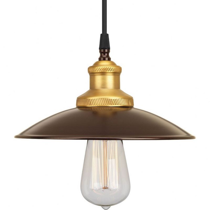 Progress Lighting Archives 1-Light Mini-Pendant, Antique Bronze, Black Cloth Cord, Natural Brass Accents, Shade Included, 1 of 4
