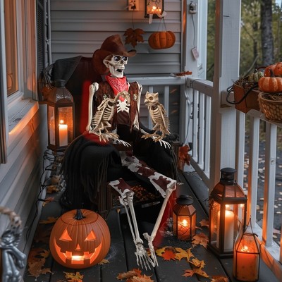 Yescom 5.4 Ft Life Size Cowboy Skeleton with Vulture & Owl Skeleton Halloween Decorations Party 2025 Brown
