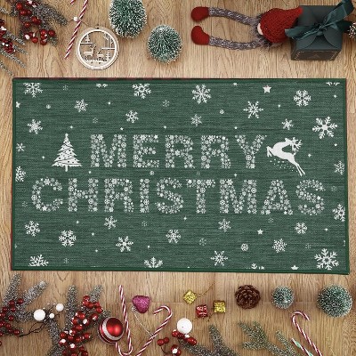 Christmas Doormat for Front Door, Non-Slip Indoor/Outdoor Mat with Green Holiday Design for Entrance