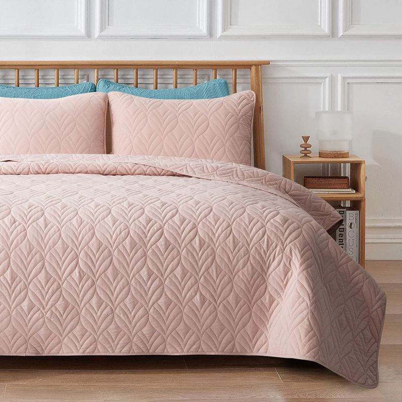 Peace Nest Pink Leaf Pattern Quilted Microfiber Coverlet Set, 1 of 6