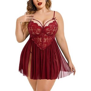 Avidlove Women's Lingerie Lace Babydoll Strap Chemise Nightwear V Neck Sleepwear Side Slit Nighties A-dark Red 14W