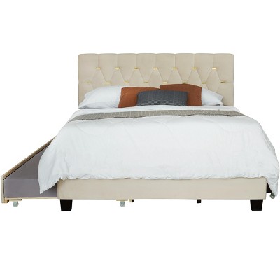 TiramisuBest Modern Velvet Queen Bed with Twin Trundle & 2 Storage Drawers, Upholstered Platform Bed, Blue