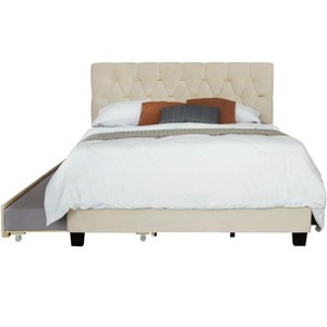 TiramisuBest Modern Velvet Queen Bed with Twin Trundle & 2 Storage Drawers, Upholstered Platform Bed, Blue - 1 of 4