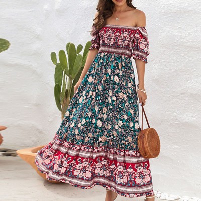 Womens Dress Bohemian Off Shoulder Puff Sleeve Beach Flowy Maxi Dress
