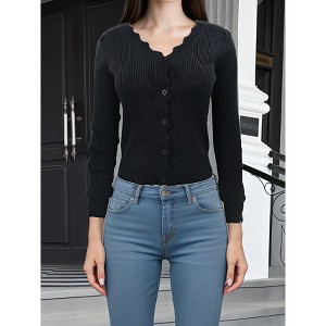 Women's Long Sleeve V-Neck Button Down Cardigan Knit Shrugs Sweater - 1 of 1