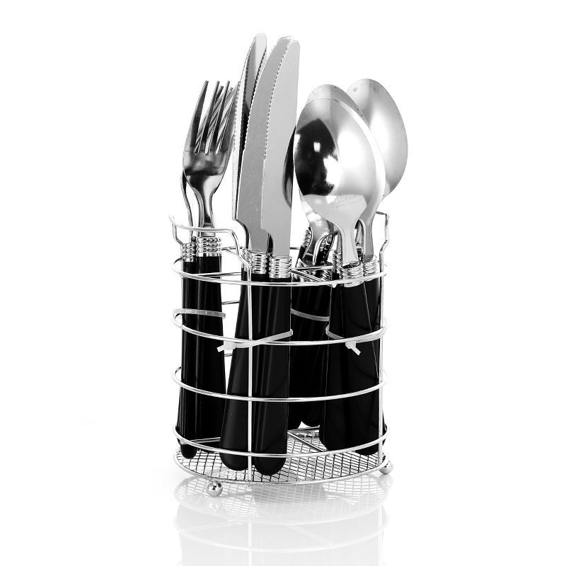 Gibson Sensations II 16 Piece Stainless Steel Flatware Set with Black Handles and Chrome Caddy, 1 of 9