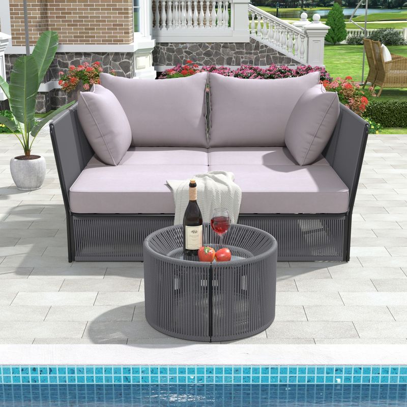 2 PCS Outdoor Sunbed Loveseat, Patio Daybed Double Chaise Lounger with Tempered Glass Coffee Table 4M -ModernLuxe, 2 of 15