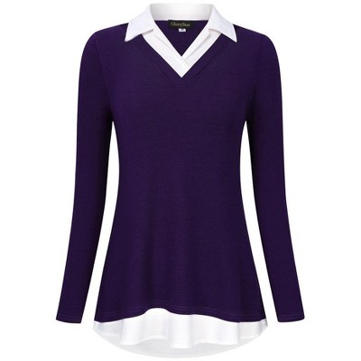 Women's Contrast Collared Shirts Patchwork Work Blouse Tunics Tops