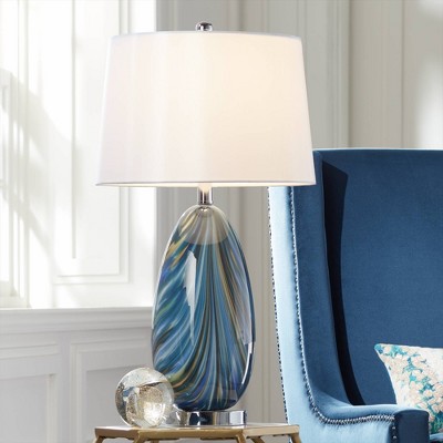 Blue Hand Blown Art Glass Table Lamp with White Shade