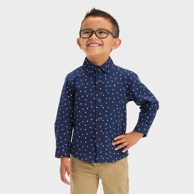 Toddler Boys' Long Sleeve Dot Printed 'Button-Down' Shirt - Cat & Jack™ Navy Blue