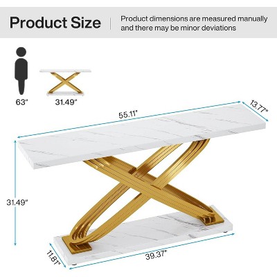 55" White Faux Marble and Gold Metal Console Table