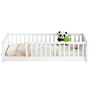 Gulches Twin Size Wood Floor Platform Bed with Built-in Book Storage Rack & Guardrails, White - 1 of 4